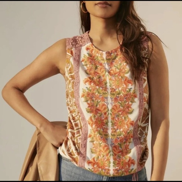 Tiny Tops - Anthropologie TINY Embroidered Floral Sleeveless Boho Chic Top Size XL